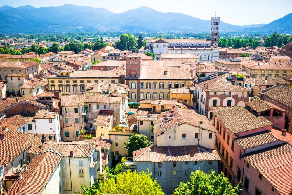 Beautiful view of ancient building with red roofs in Lucca, Italy sudoku