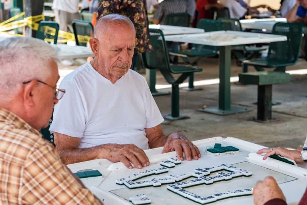 individuals play the domino game in the historic Domino Park in popular Little Havana