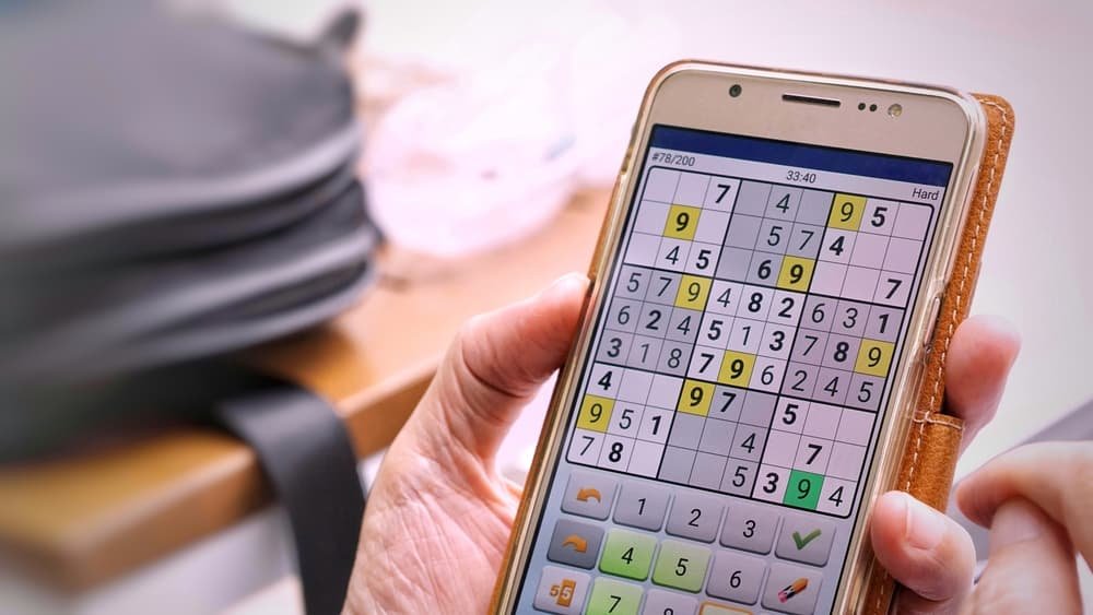 man was playing Sudoku game during family vacation trip