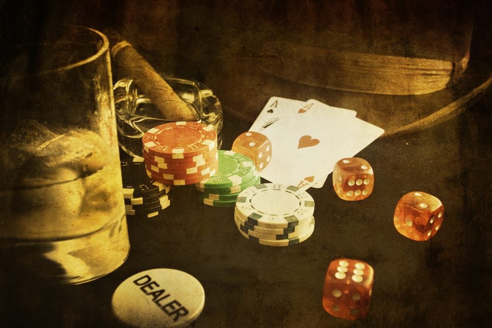 vintage poker conceptual image with card and gamble chip