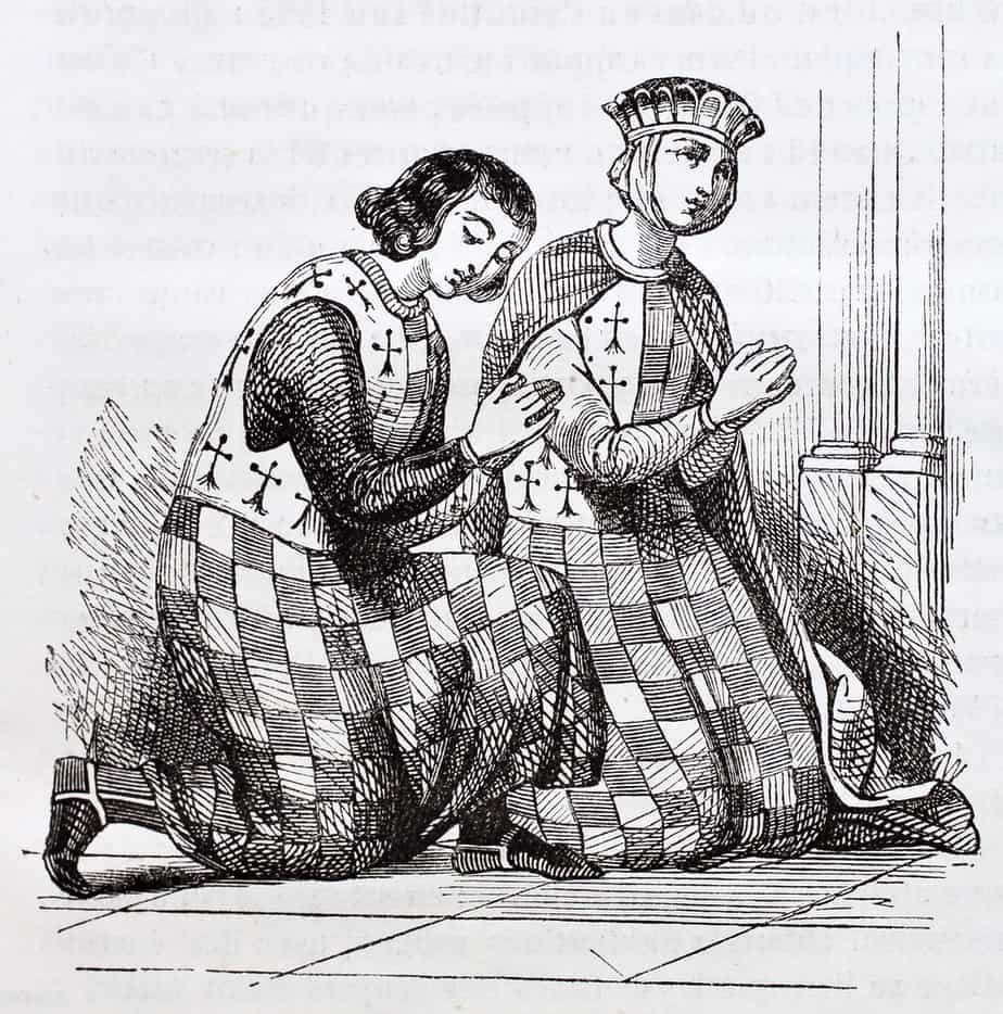 French medieval costumes old illustration - man and woman in checked costumes