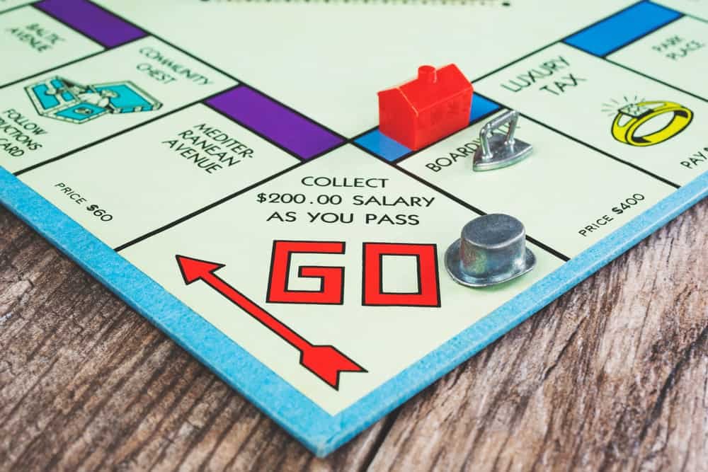 A view of a top hat token on the Go square on a classic Monopoly board game
