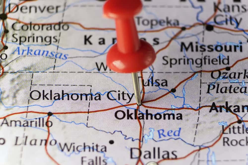Red pin on Oklahoma city, Oklahoma, USA