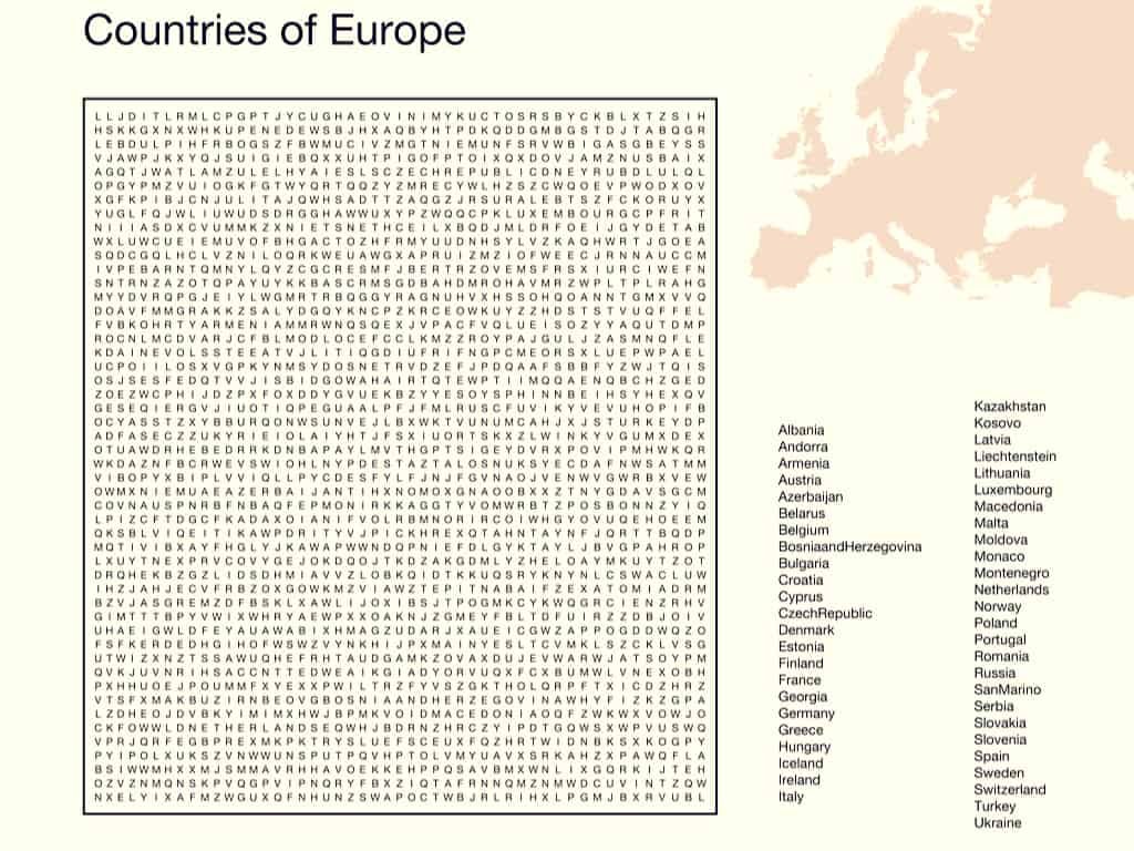 Word search puzzle about Countries of Europe