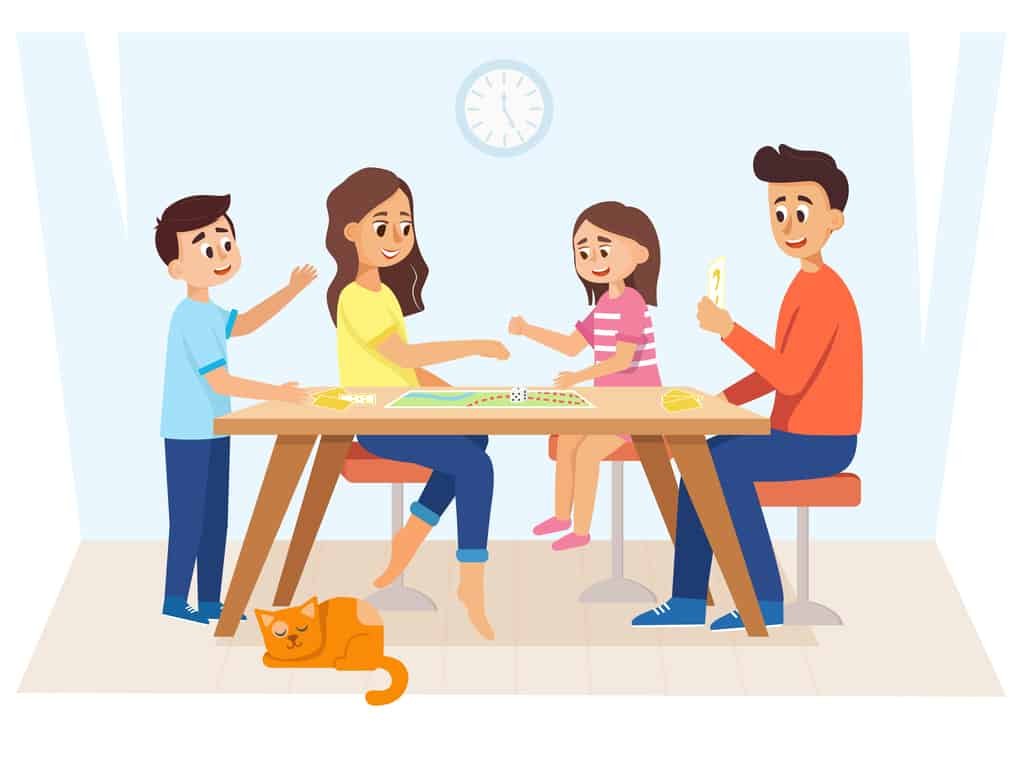 Family playing a board game. Cartoon colorful vector illustration