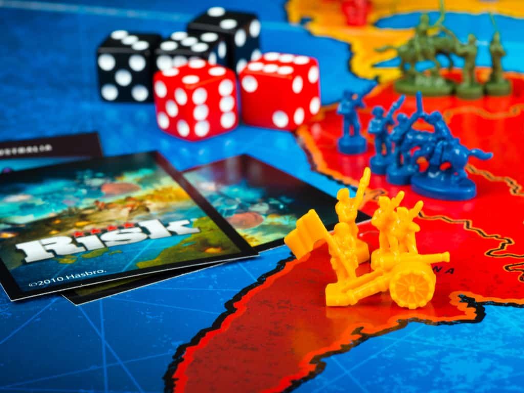 Close up of board pieces for Risk board game made by Hasbro