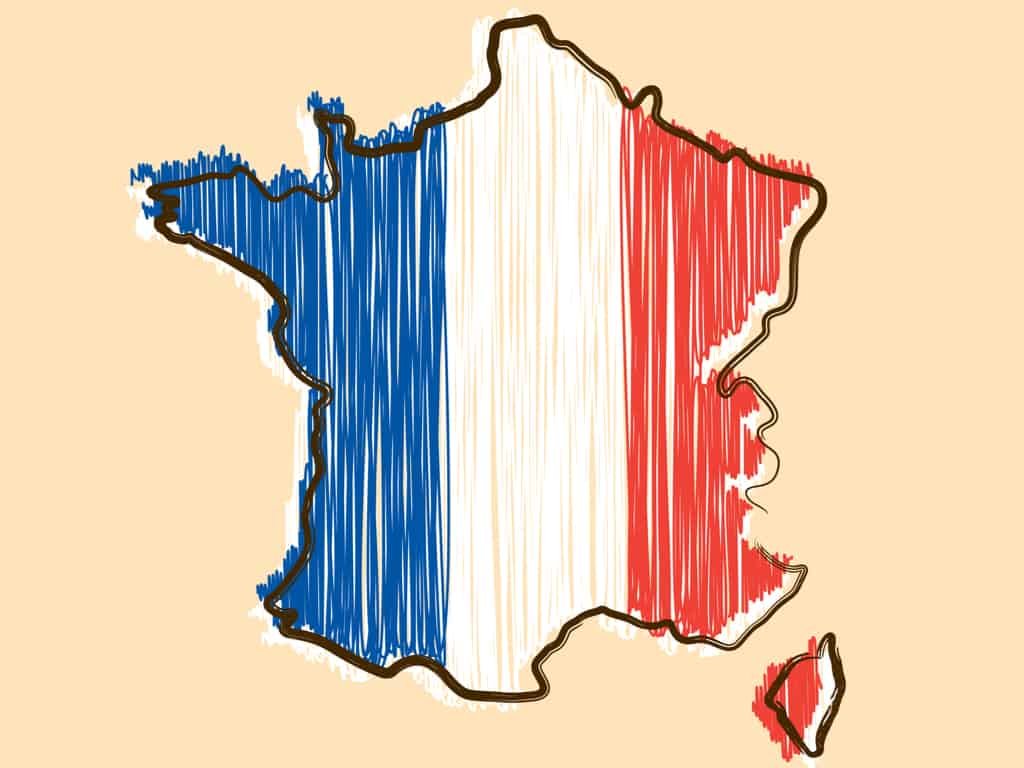 France map and flag in sketch hand drawn style