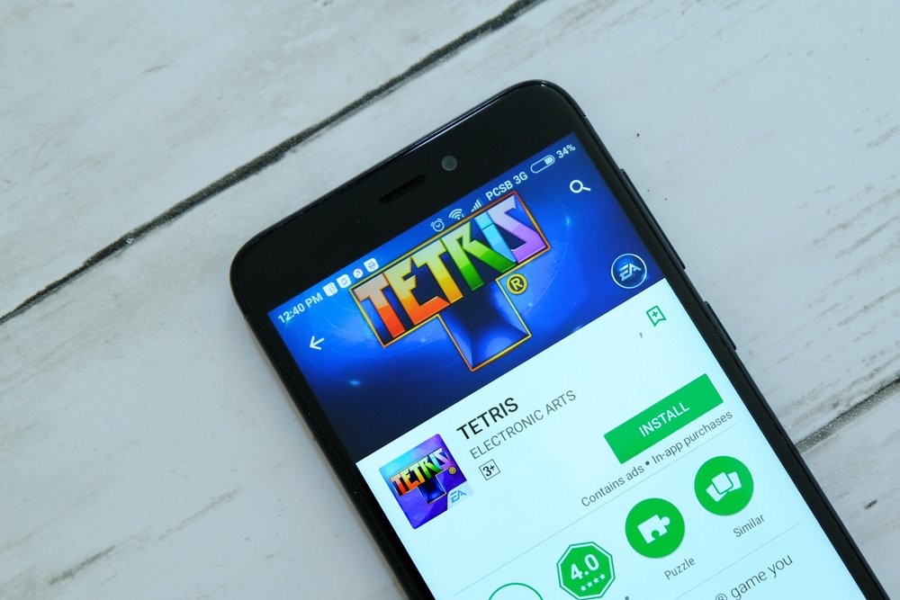 Smartphone with Tetris app on an android Google Play Store